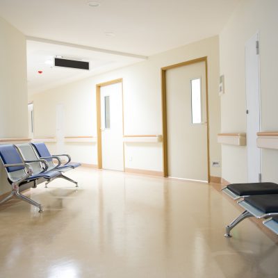 Chairs in the hospital hallway.  hospital interior